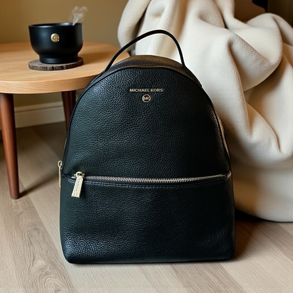 Michael Kors Pebbled Leather Backpack Black Gold Hardware EUC - Picture 9 of 9